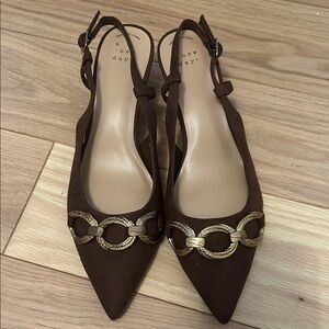 a new day Brown Pointed Slingback Kitten heel with Gold Chain Accent
